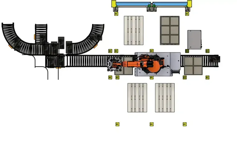 Layout linky s dopravníky, paletami a robotem